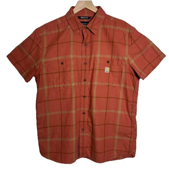 Carhartt Large Relaxed Rugged Flex Button Up Shirt Mens Orange Plaid Workwear - Picture 2 of 14